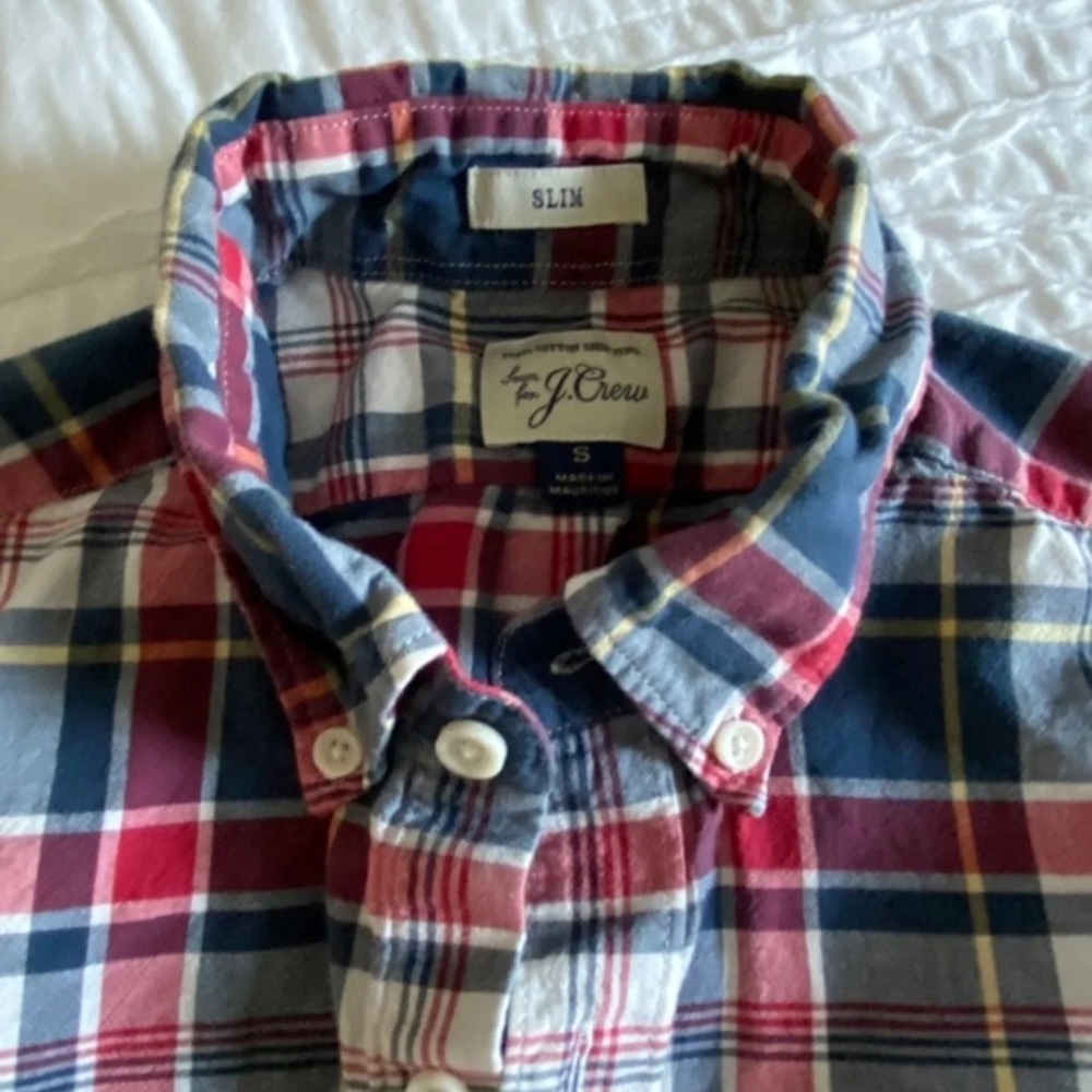 Jcrew mens slim small plaid shirt red white blue